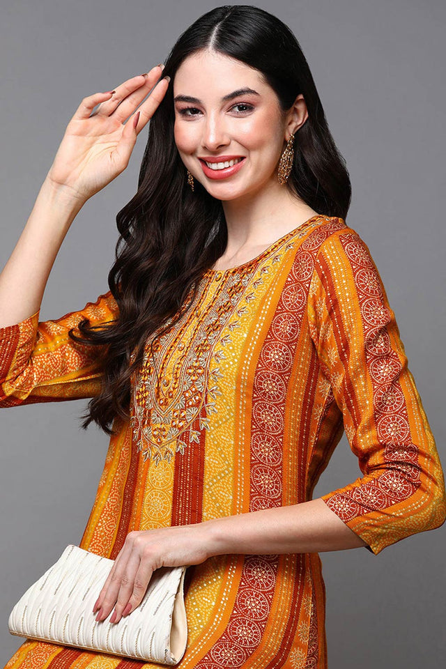 Yellow Rayon Bandhani Round Neck Kurti