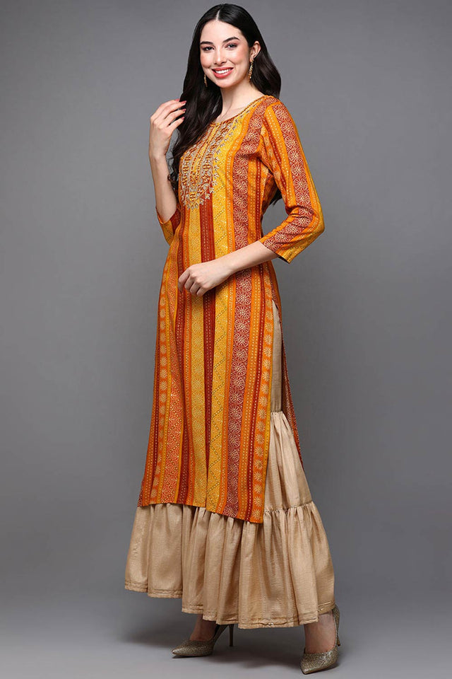 Yellow Rayon Bandhani Round Neck Kurti