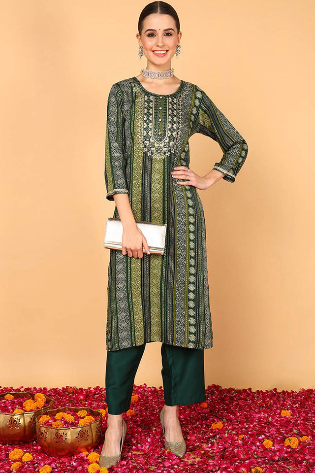 Green Rayon Printed Straight Kurti