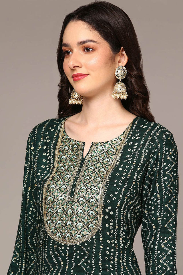 Green Rayon Printed Straight Kurti
