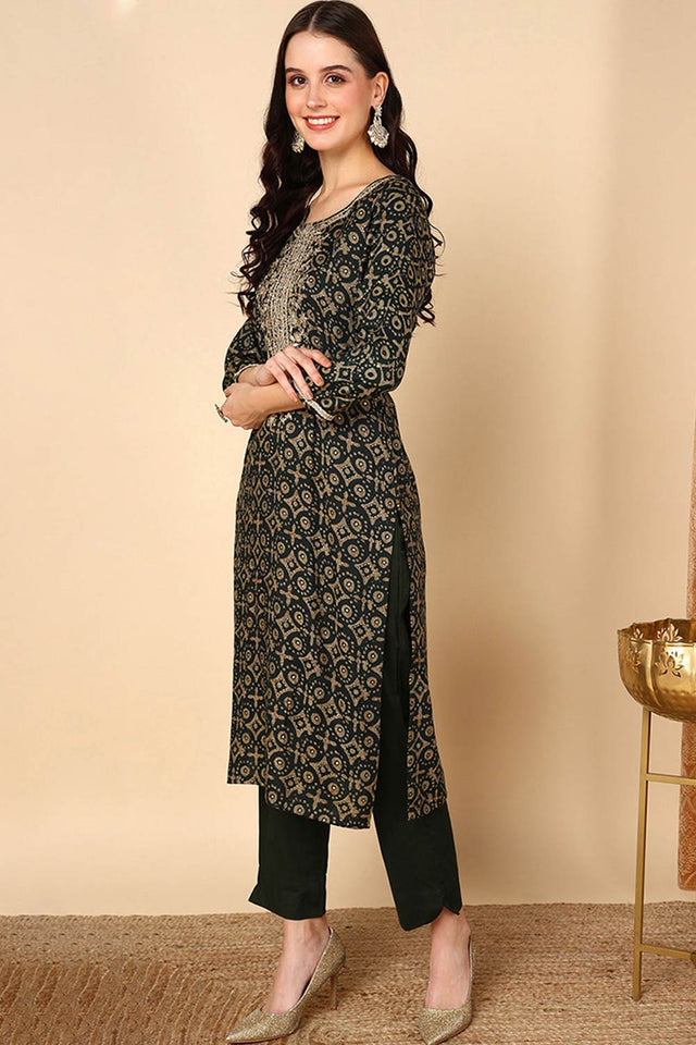 Green Rayon Printed Straight Kurti
