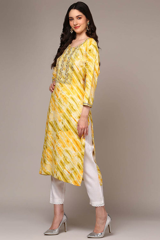 Yellow Rayon Floral Print Round Neck Kurti