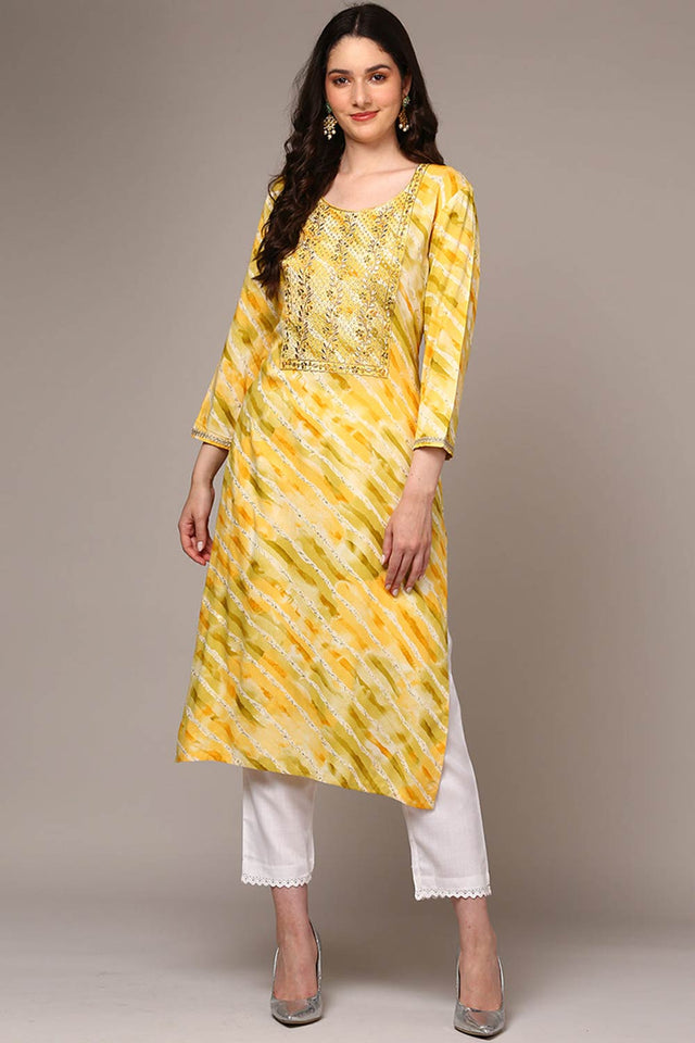 Yellow Rayon Floral Print Round Neck Kurti