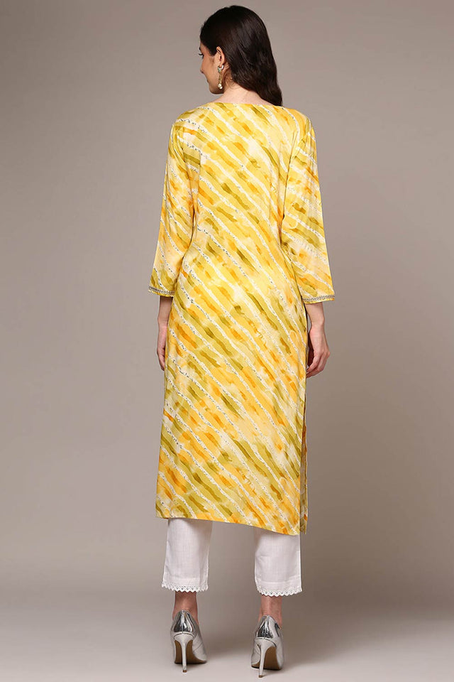Yellow Rayon Floral Print Round Neck Kurti