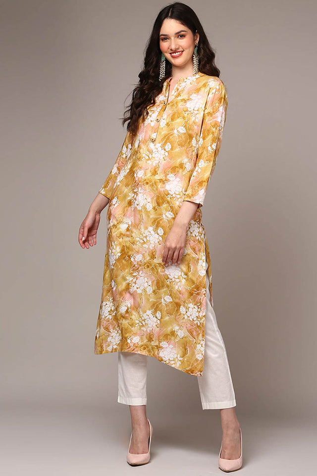 Yellow Rayon Floral Straight Kurti