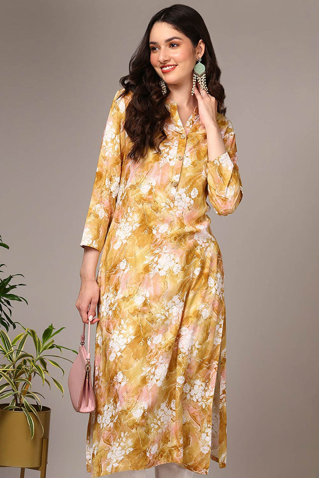 Yellow Rayon Floral Straight Kurti