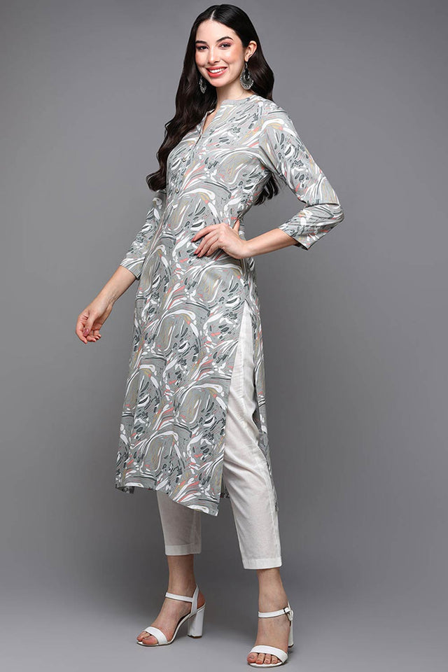Grey Rayon Bandhani Band Collar Kurti