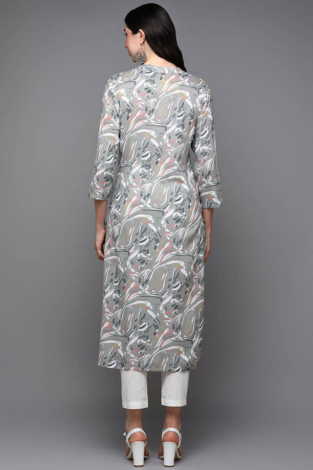 Grey Rayon Bandhani Band Collar Kurti