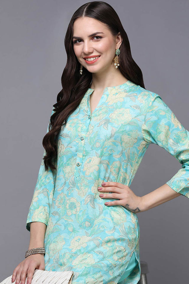 Blue Rayon Floral Print Mandarin Collar Kurti