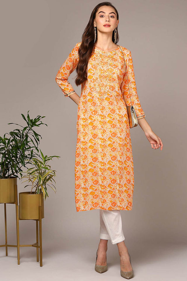 Orange Rayon Keyhole Neck Kurti