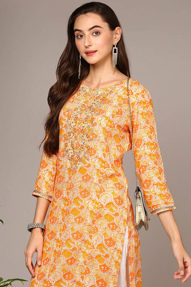 Orange Rayon Keyhole Neck Kurti