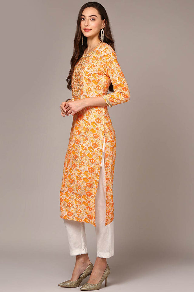 Orange Rayon Keyhole Neck Kurti