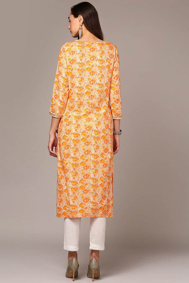 Orange Rayon Keyhole Neck Kurti