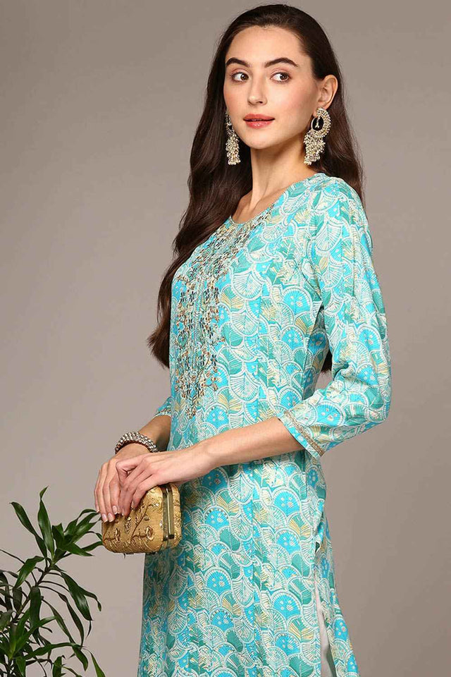Blue Rayon Bandhani Shirt Collar Kurti
