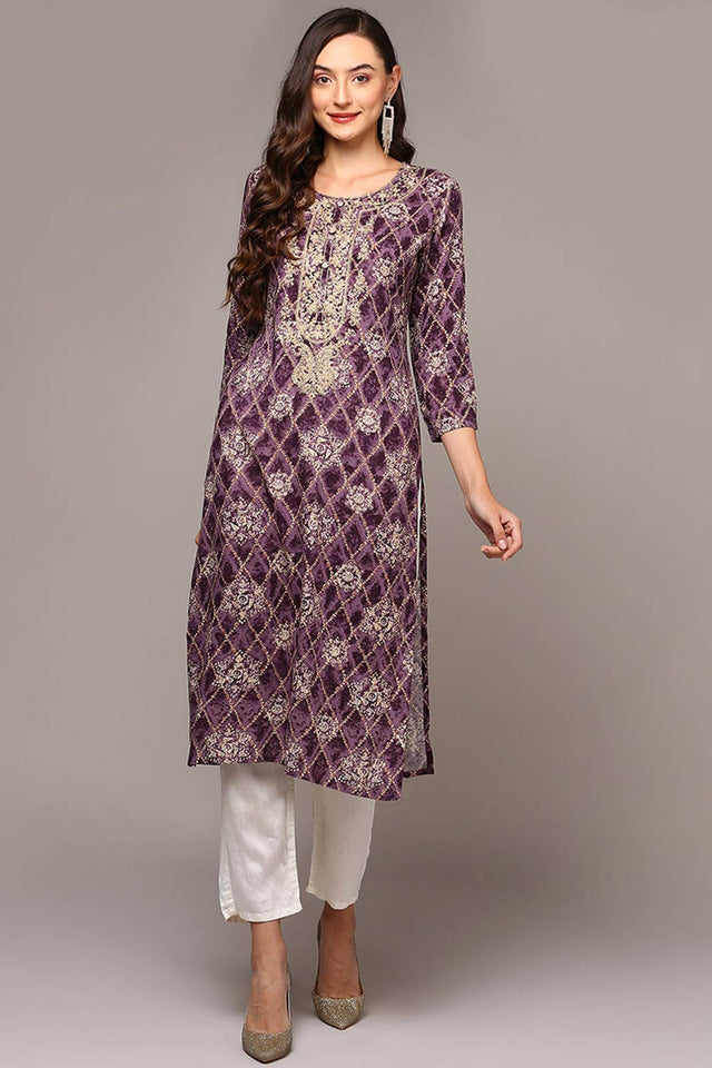 Purple Rayon Round Neck Kurti