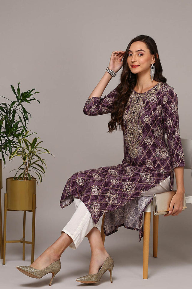 Purple Rayon Round Neck Kurti