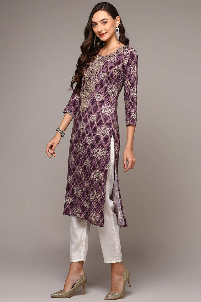 Purple Rayon Round Neck Kurti