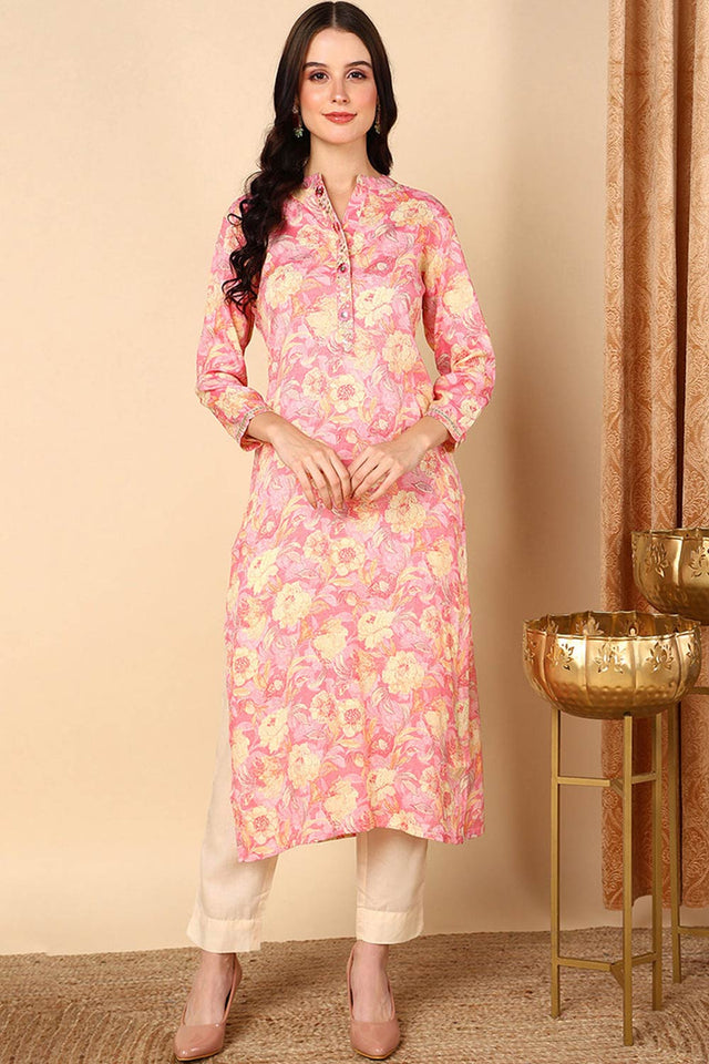 Pink Rayon Embroidered Mandarin Collar Kurti