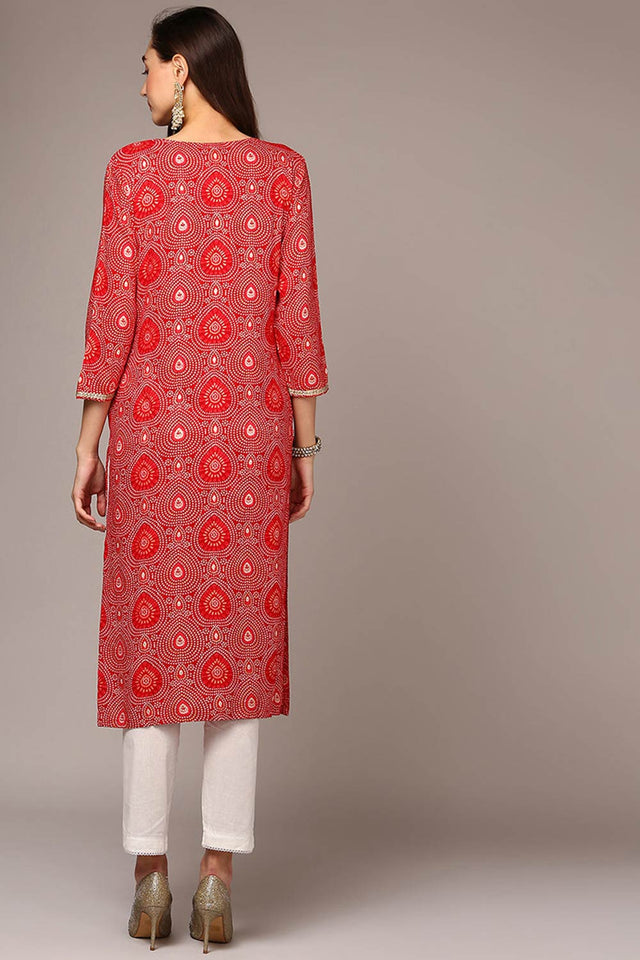 Red Rayon Bandhani Round Neck Kurti