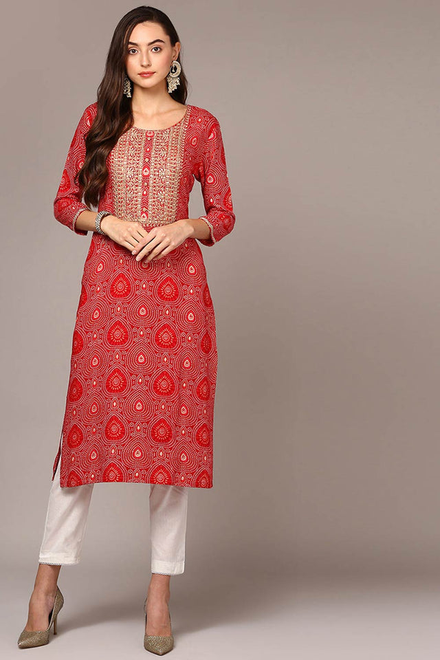 Red Rayon Bandhani Round Neck Kurti