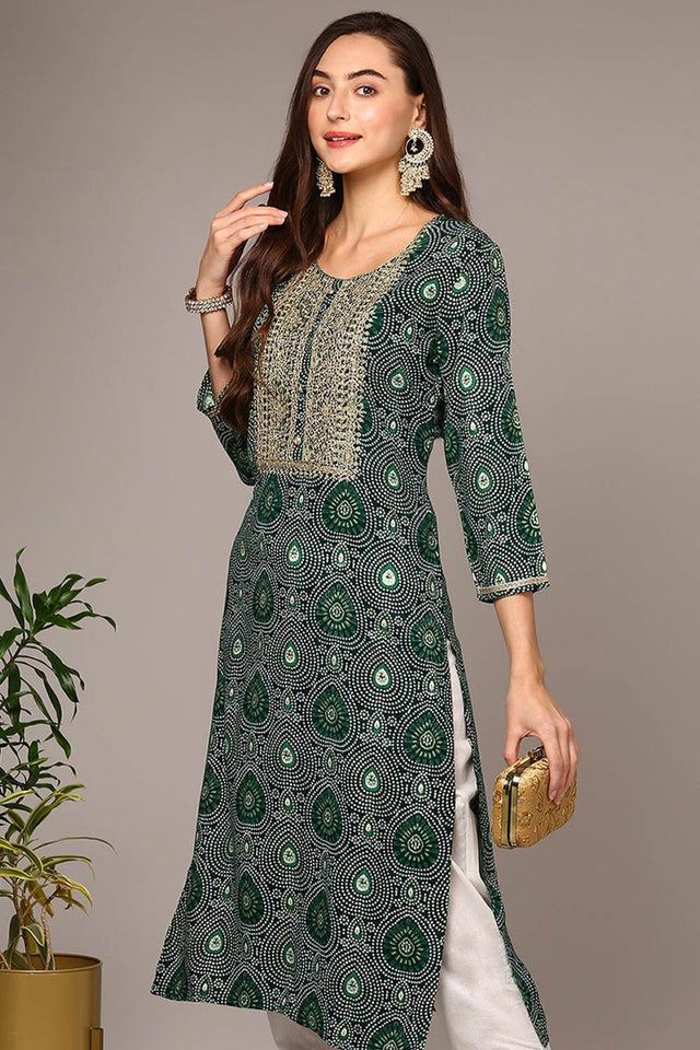 Green Rayon Embroidered Round Neck Kurti