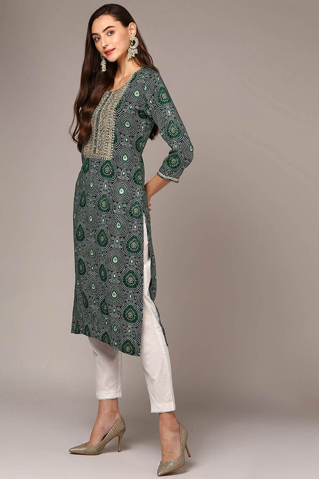 Green Rayon Embroidered Round Neck Kurti