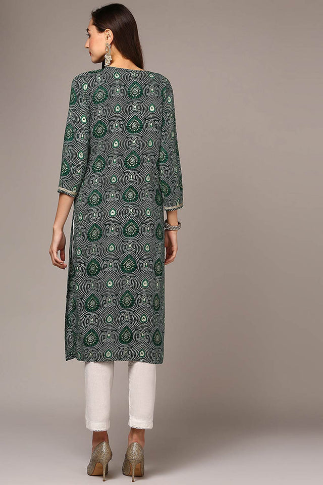 Green Rayon Embroidered Round Neck Kurti
