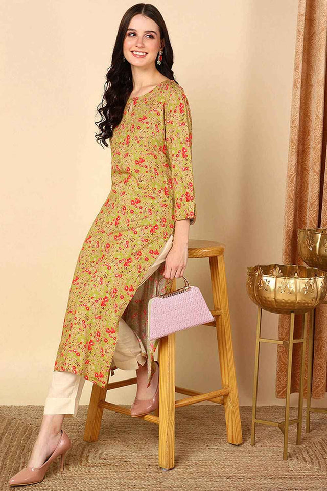 Yellow Rayon Floral Print Keyhole Neck Kurti