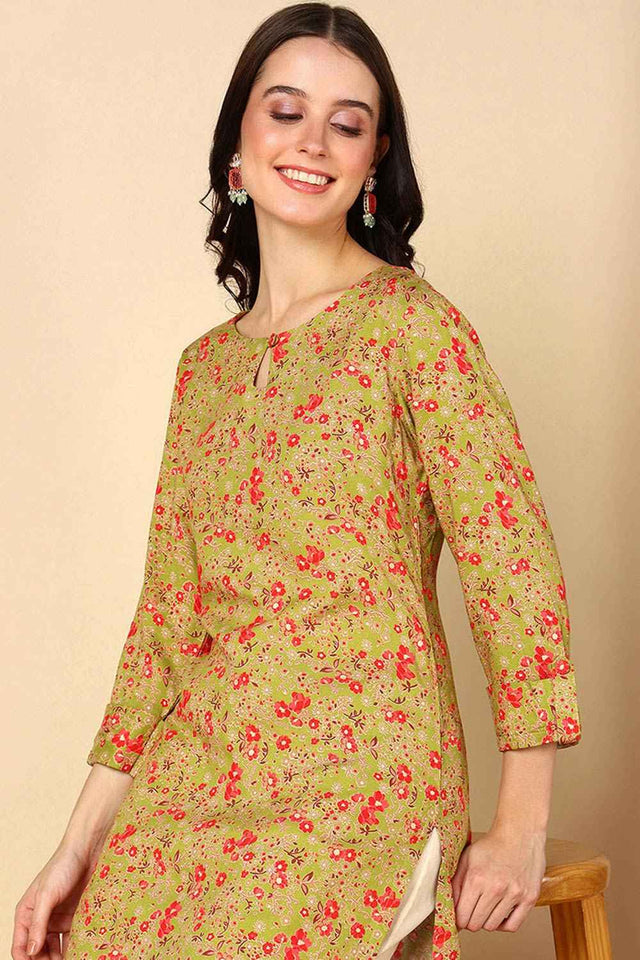 Yellow Rayon Floral Print Keyhole Neck Kurti