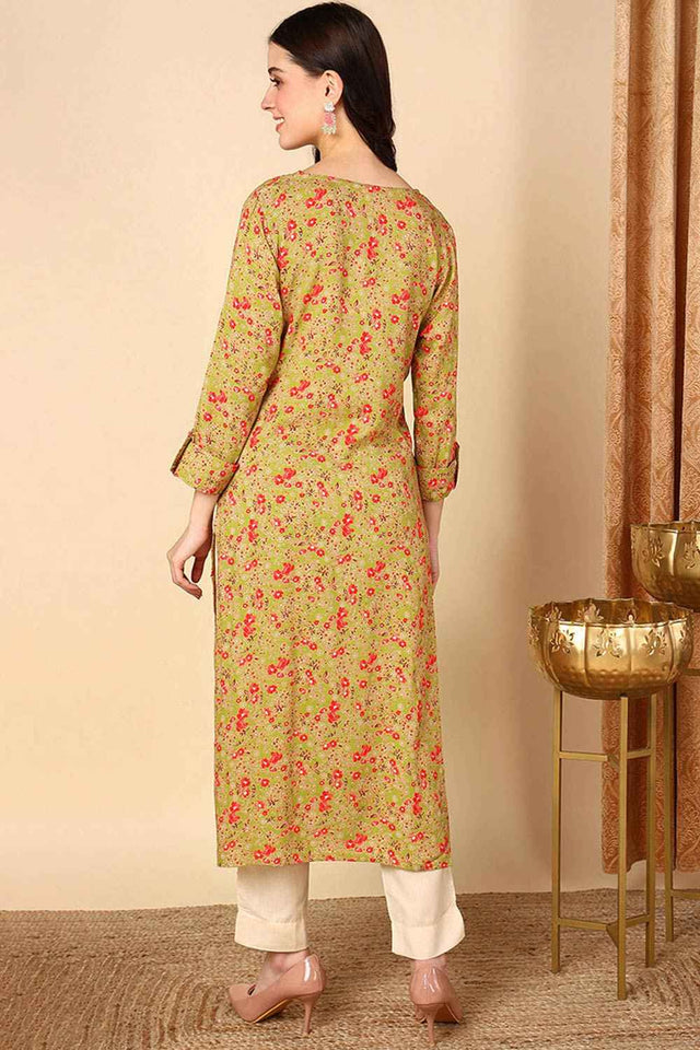 Yellow Rayon Floral Print Keyhole Neck Kurti