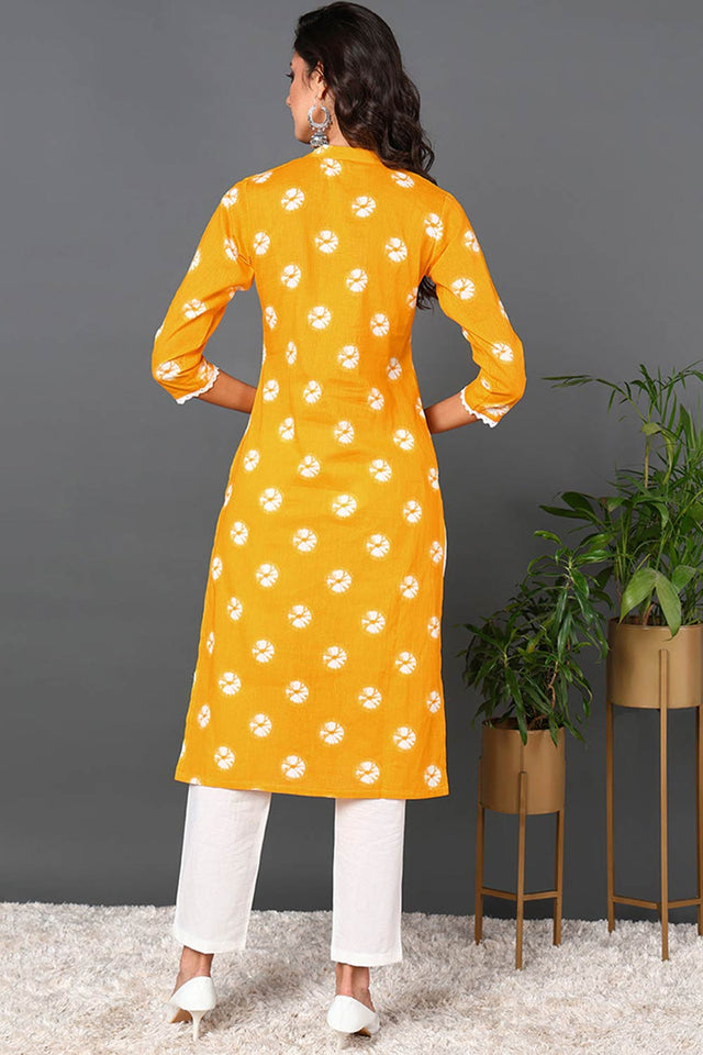 Yellow Cotton Embroidered Round Neck Kurti