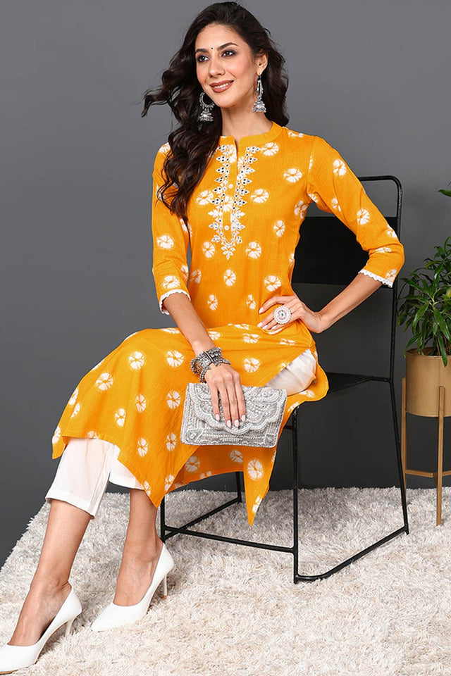 Yellow Cotton Embroidered Round Neck Kurti