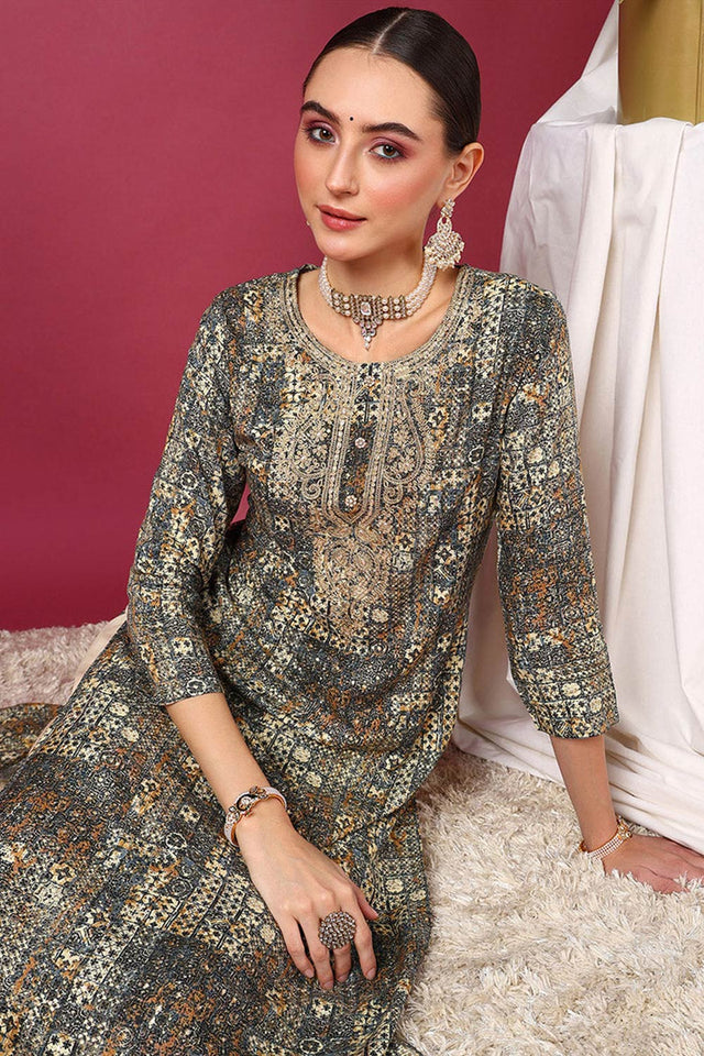 Blue Rayon Printed Straight Kurti