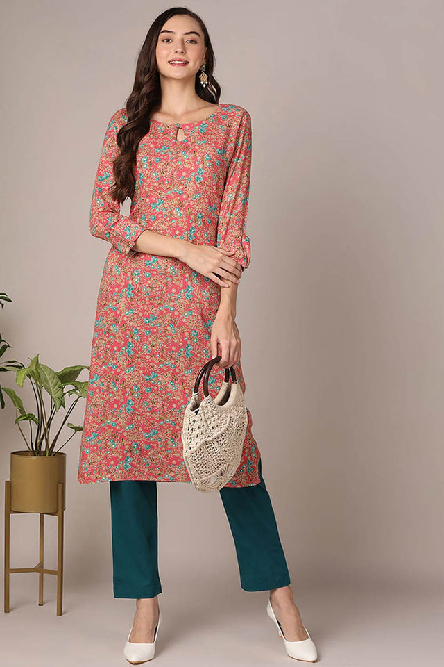 Pink Rayon Embroidered Keyhole Neck Kurti