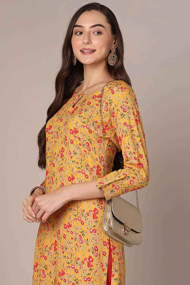 Yellow Rayon Floral Straight Kurti