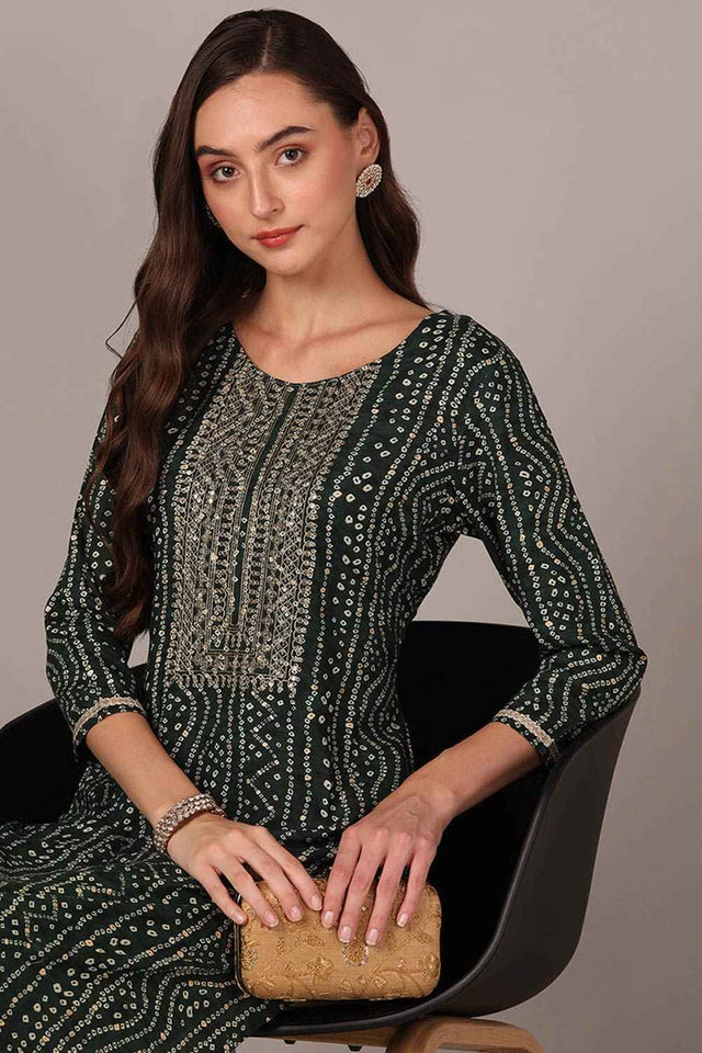 Green Rayon Embroidered Round Neck Kurti