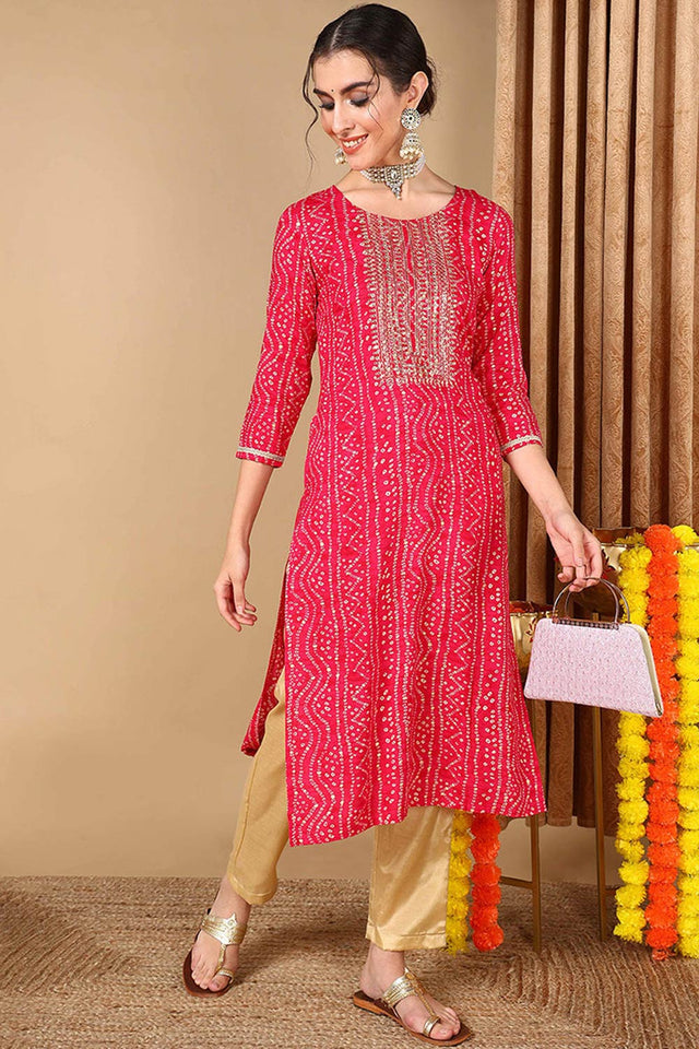 Pink Rayon Floral Print Round Neck Kurti