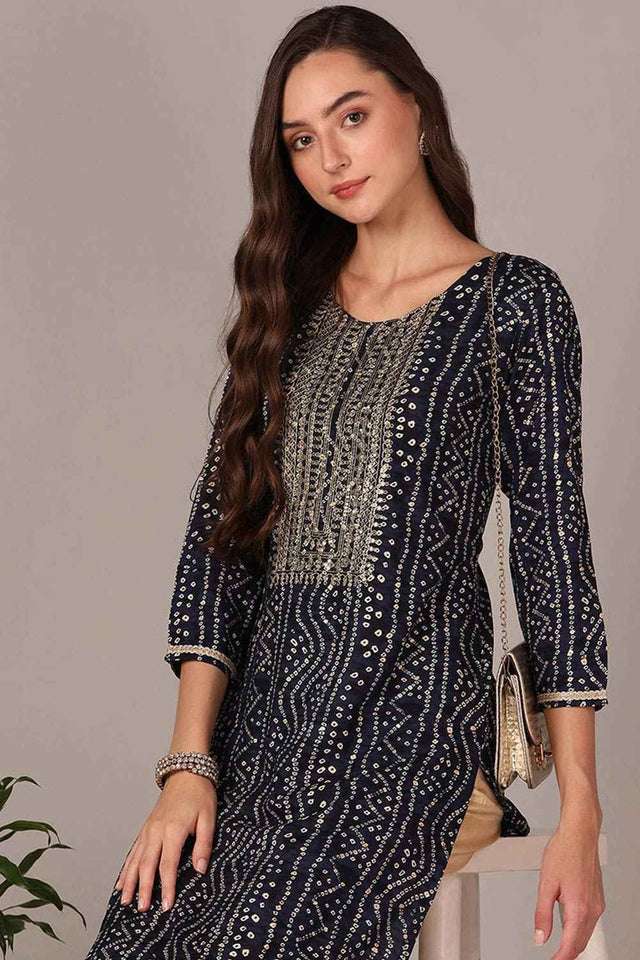 Blue Rayon Floral Print Round Neck Kurti