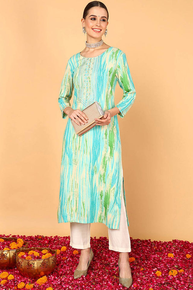 Blue Rayon Bandhani Round Neck Kurti