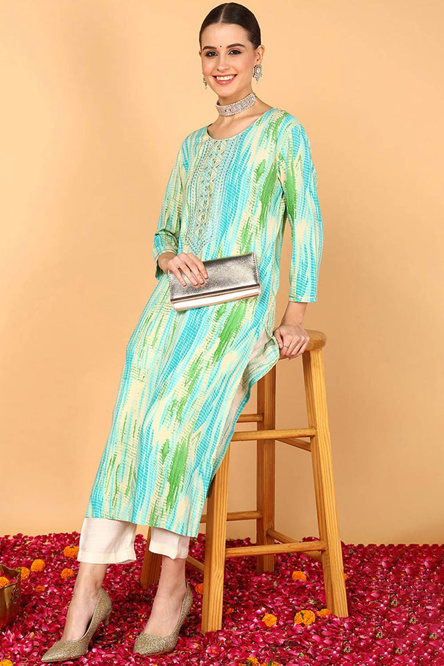 Blue Rayon Bandhani Round Neck Kurti
