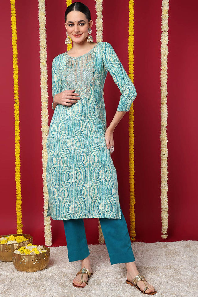 Blue Rayon Floral Print Round Neck Kurti