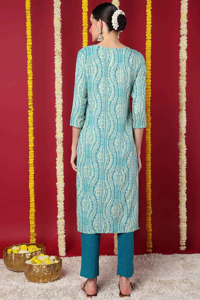 Blue Rayon Floral Print Round Neck Kurti