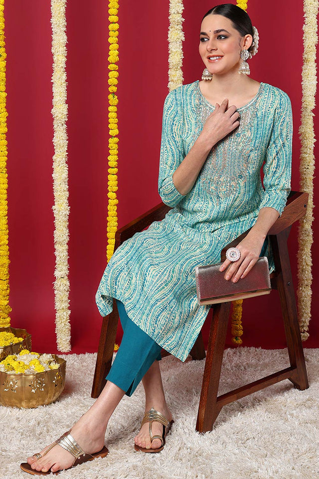 Blue Rayon Floral Print Round Neck Kurti