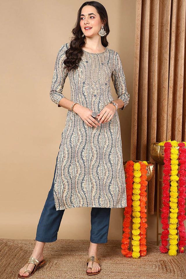 Beige Rayon Abstract Print Straight Kurti