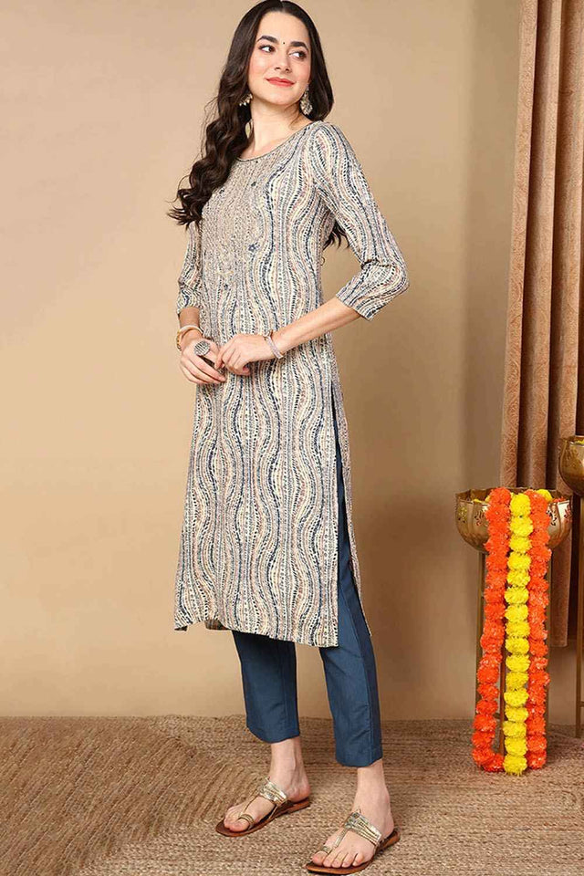 Beige Rayon Abstract Print Straight Kurti