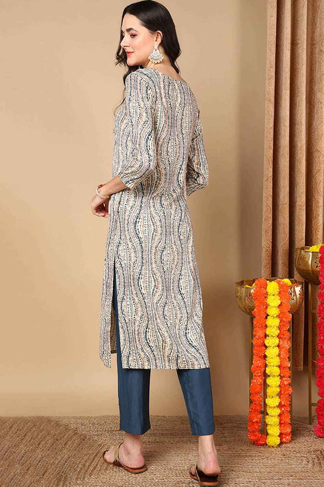 Beige Rayon Abstract Print Straight Kurti