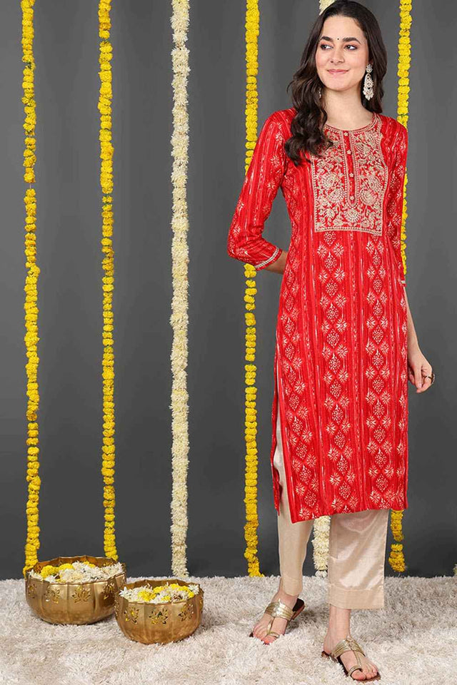 Red Rayon Floral Print Round Neck Kurti