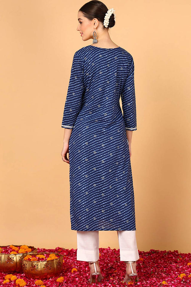 Blue Cotton Leheriya Straight Kurti