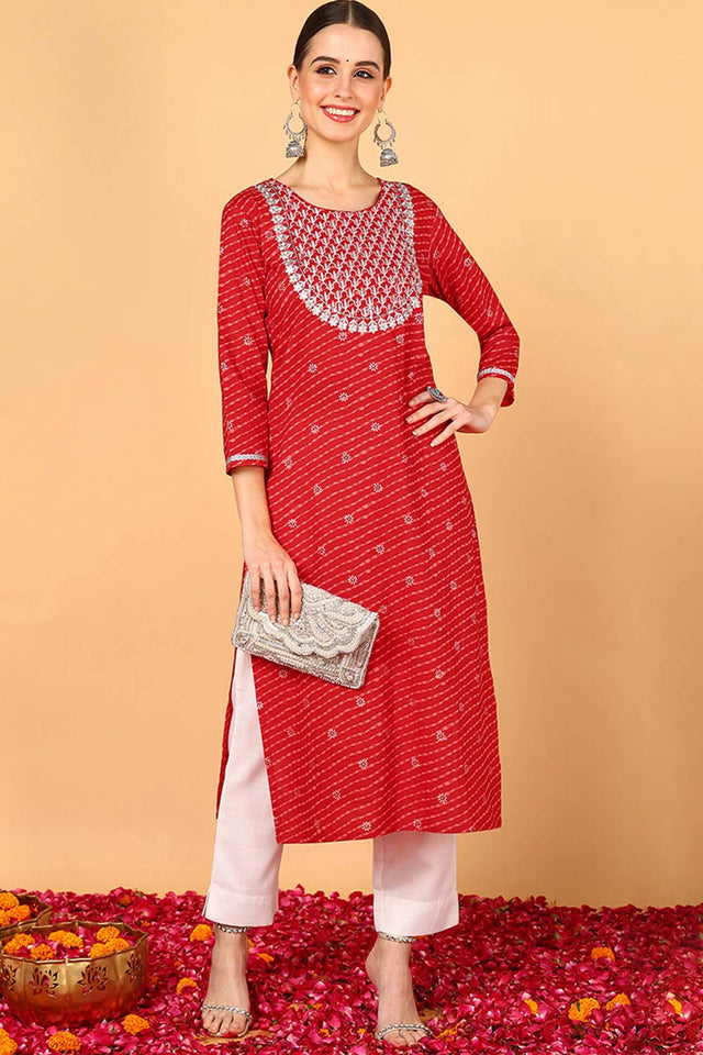 Red Cotton Leheriya Straight Kurti (N2ZVCK9646-XS)