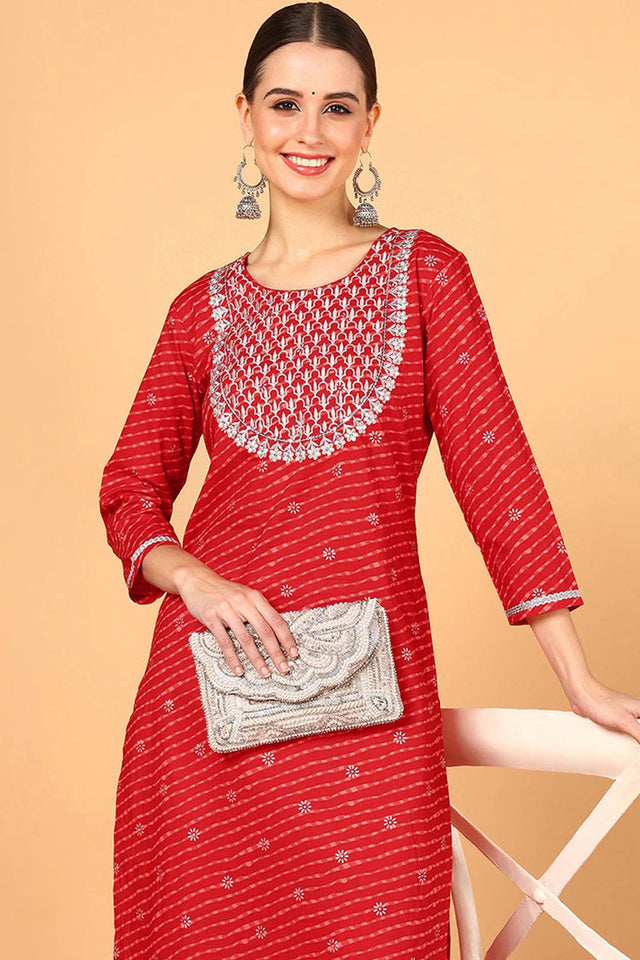 Red Cotton Leheriya Straight Kurti (N2ZVCK9646-XS)